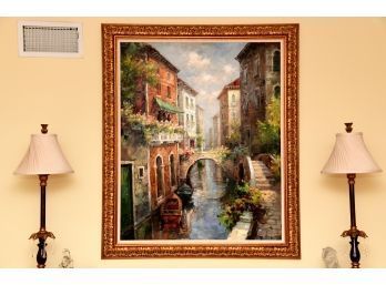 Lovely Oil Painting  Reproduction Of Venice Canal In Gold Gilt Frame