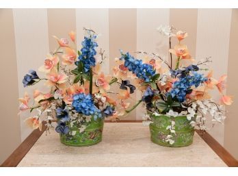 Pair Of Stamped  Flower Pots With Faux Arrangements