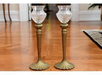 A Pair Of Bronze Stem Crystal Candle Holders