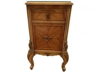 Antique French Marquetry Bedside Table With Glass Top