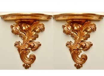 Pair Of Gold Carved Wood Wall Sconces