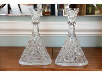 Pair Of Vintage Triangular Pressed Glass Decanters With Stoppers