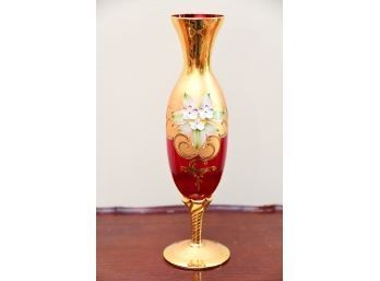 A Gold Leaf Red Venetian Glass Bud Vase