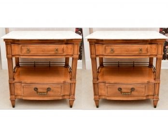 A Matching Pair Of Walnut Marble Top Nightstands
