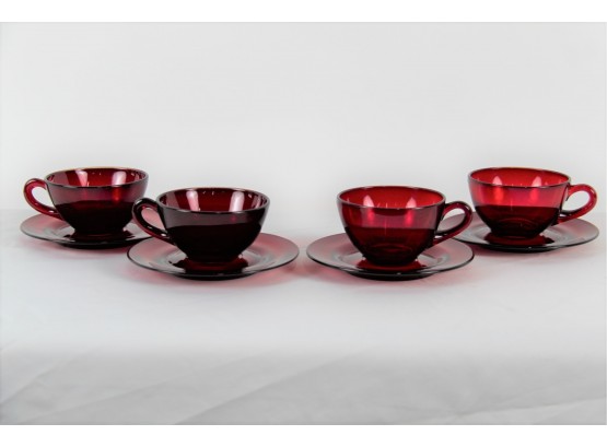 Set Of 3 Ruby Red Cups With Saucers