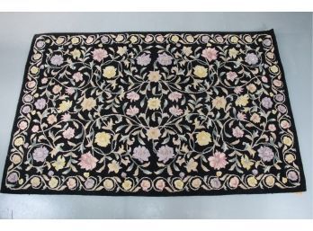 Black With Flowers Wool Rug Made In India