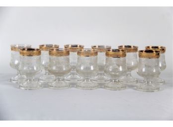 Lot Of 11 Small Etched Champagne Glasses With Brass Trim