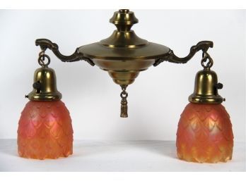Brass Chandelier With Amber Glass Dangling  Shades