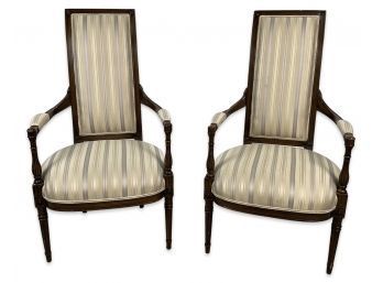 Pair Of Silk Covered Striped High Back Side Chairs