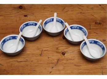 Set Of 5 Asian Soup Bowls With Spoons