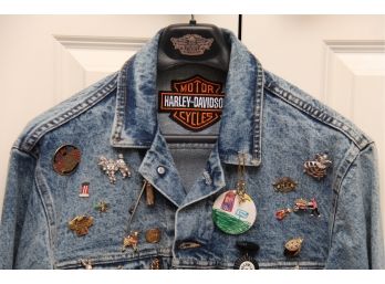 Harley Davidson Denim Jacket With Vintage Jewelry Pin Collection