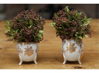 Pair Of Antique Footed Egg Shaped Vases With Faux Flowers