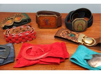 Assortment Of Multi Colored Women's Belts Including Indian Brass Buckles & Peacock Feathers