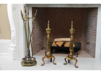 Brass Andirons And Fireplace Tools