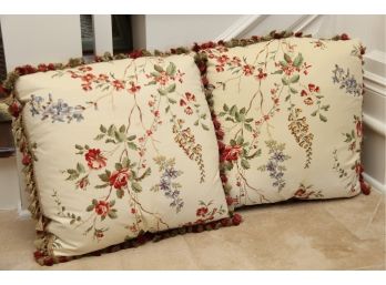 A Pair Of Custom Upholstered Floral Print Silk Pillows With