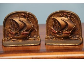 A Vintage Pair Of Bronze Ship Book Ends