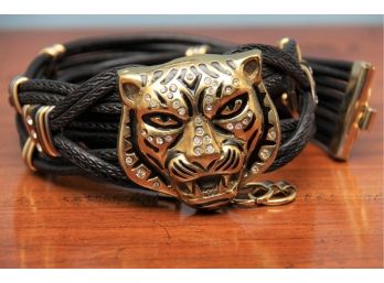 Stunning Tiger Rhinestone Buckle Belt  And Belt Marked Made In Italy Measures 29.5 Inches Long