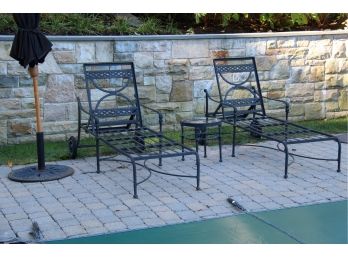 Pair Of Wrought Iron Lounge Chairs With Umbrella & Side Table (1 Of 2 )