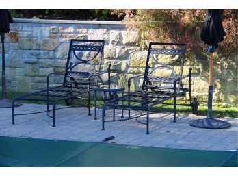 Pair Of Wrought Iron Lounge Chairs With Umbrella & Side Table (2 Of 2)