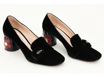 Prada Black Velvet Flower Heel Pumps - Size 40
