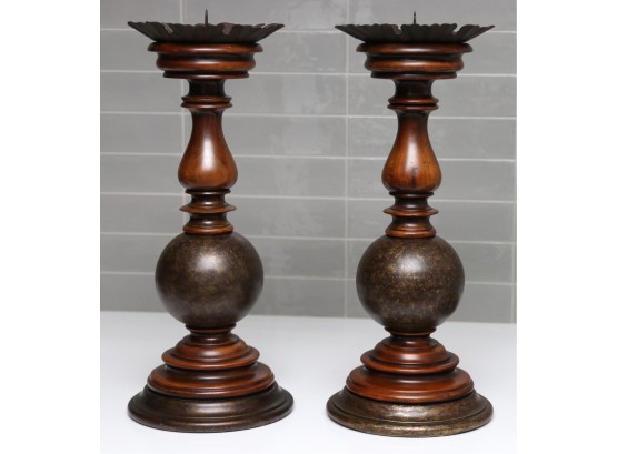 17 Inch Tall Pillar Candle Holders Wood And Brass