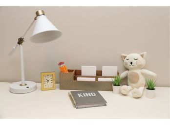 Desk Accessories Including Lamp, Clock And Stuff Animal
