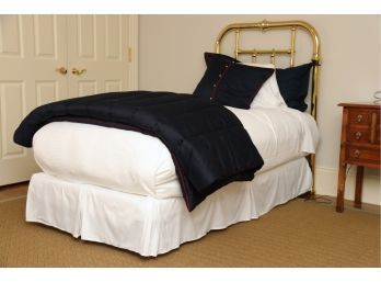 Twin Bed With Brass Headboard Mattress And Ralph Lauren Bedding