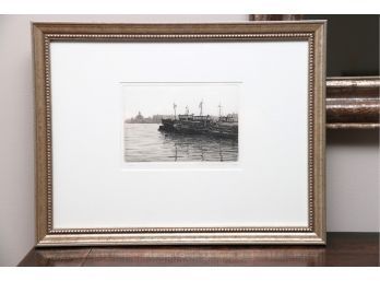 Pencil Steel Engraving Of Boat Signed