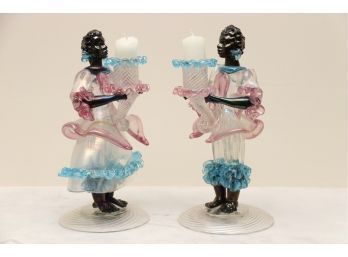 Pair Of Murano  Blown Glass Figural Candlesticks
