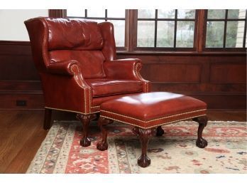 Hancock & Moore Leather Wingback Chair And Ottoman With Ball & Claw Feet
