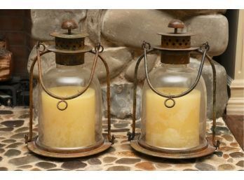 Large Pair Of Brass Hurricane Candle Holders With Handles