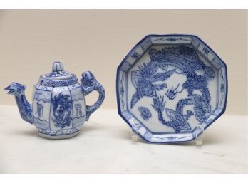 Blue And White Asian Tea Pot And Under Plate