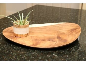 Teak Tray And Faux Flower