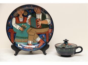 Hand Painted Danish Man And Woman Plate And Bowl