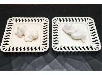 Two Open Lace Ceramic Sleeping Baby Dishes