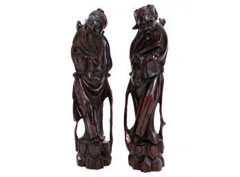Two Chinese Daoist Immortals Hand Carved Wood Figures