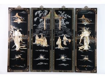 Asian Black Lacquer Mother Of Pearl Quadriptych
