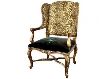 Leopard Fabric Louis XV Gold Arm Chair With Nailhead Trim
