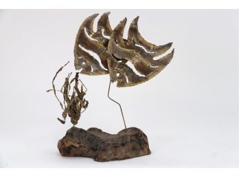 Brass Fish Sculpture On Burl Wood Base