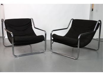 Pair Of MCM Style Tubular Chrome Sling Armchairs