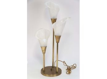 Vintage Calla Lily Floral Three Light Brass Table Lamp