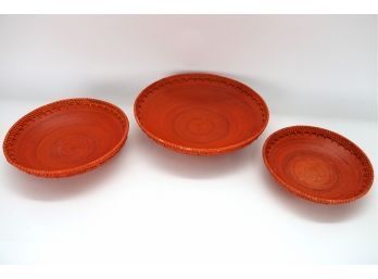 Set Of 3 Woven Orange Wooden Bowls