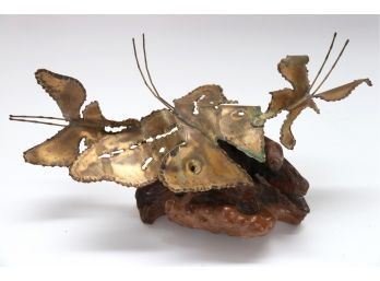 Brass Butterfly Sculpture On Burl Wood Base
