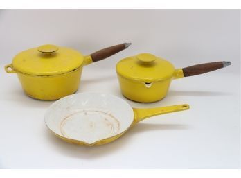 Three Piece Mid Century COPCO Yellow Cast Iron Teak Handle Cooking Set
