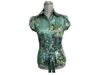 BCBG MaxAzria Green Floral Blouse With Belt Size S New With Tags Retail $160