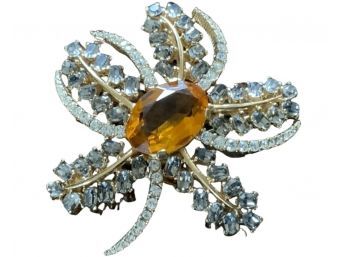 Gorgeous Ciner Amber And Rhinestone  Floral Brooch