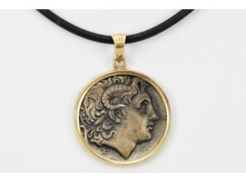 Ancient Alexander The Great Greek Coin Pendant Surrounded By 14K (585) Gold
