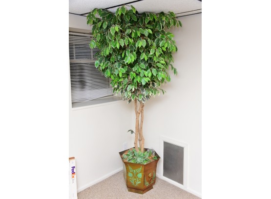 A 7 Foot Tall Faux Ficus Tree In Painted Metal Planter