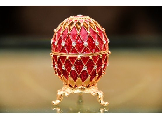 Faberge Egg Red  Enameled 24K Gold Trinket Box With Swarovski Crystal Marked AKM