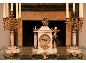 French Marble Onyx Mantle Clock With Garnitures Marked  Artault Moulins
